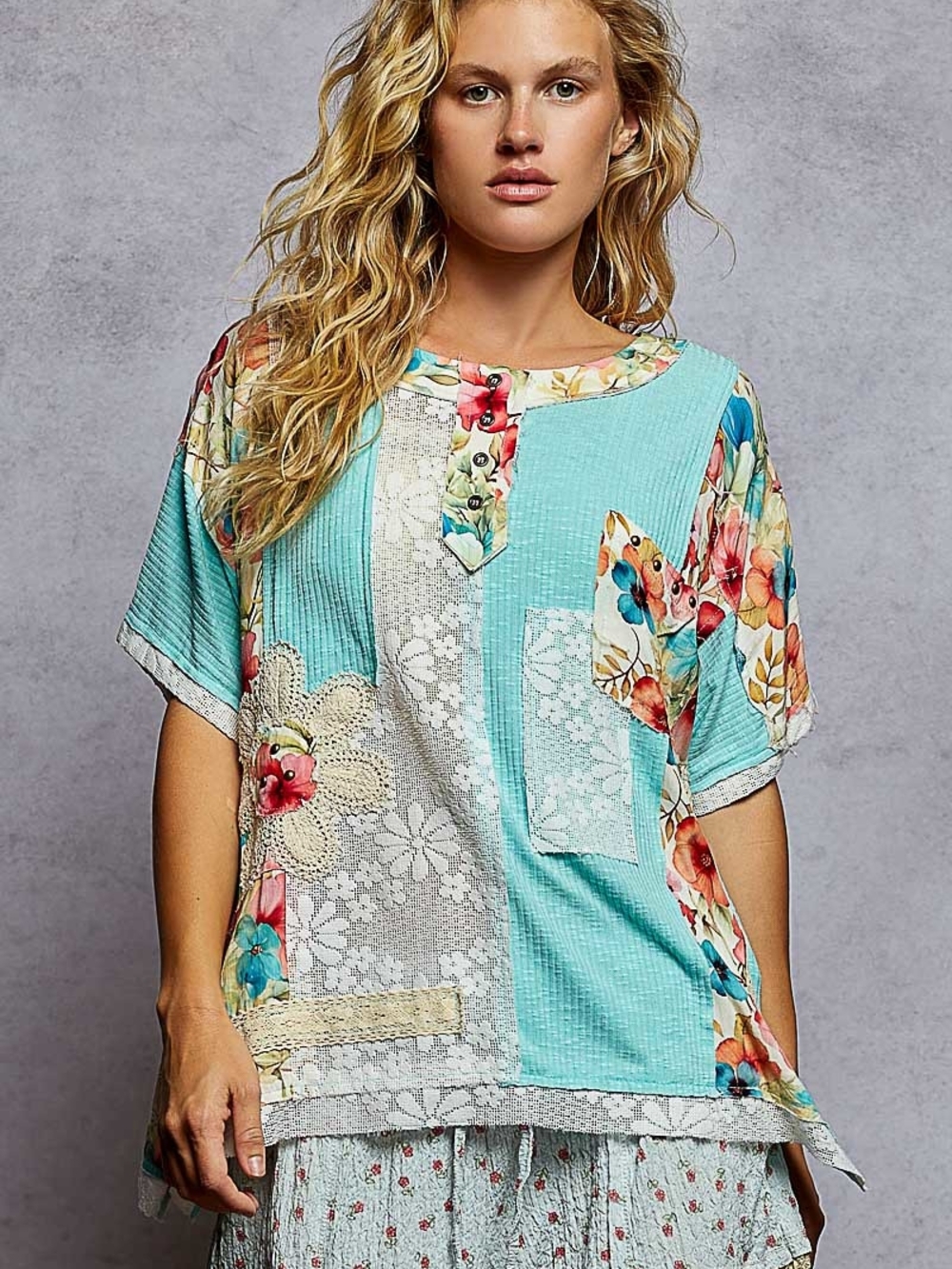 POL Aqua Floral Patchwork Short-Sleeve Tunic